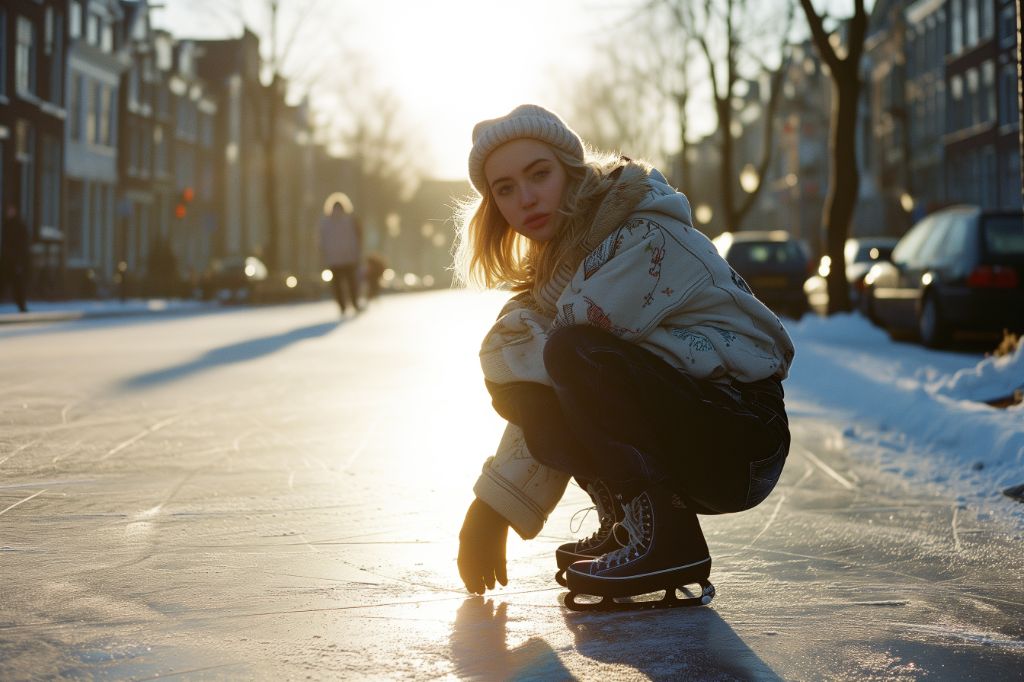 Woman ice skating in Amsterdam, wearing embroidered streetwear.