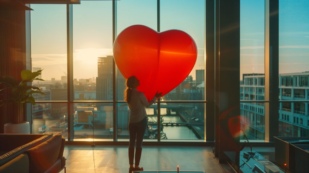 Person holding a large heart-shaped balloon by a window at sunset