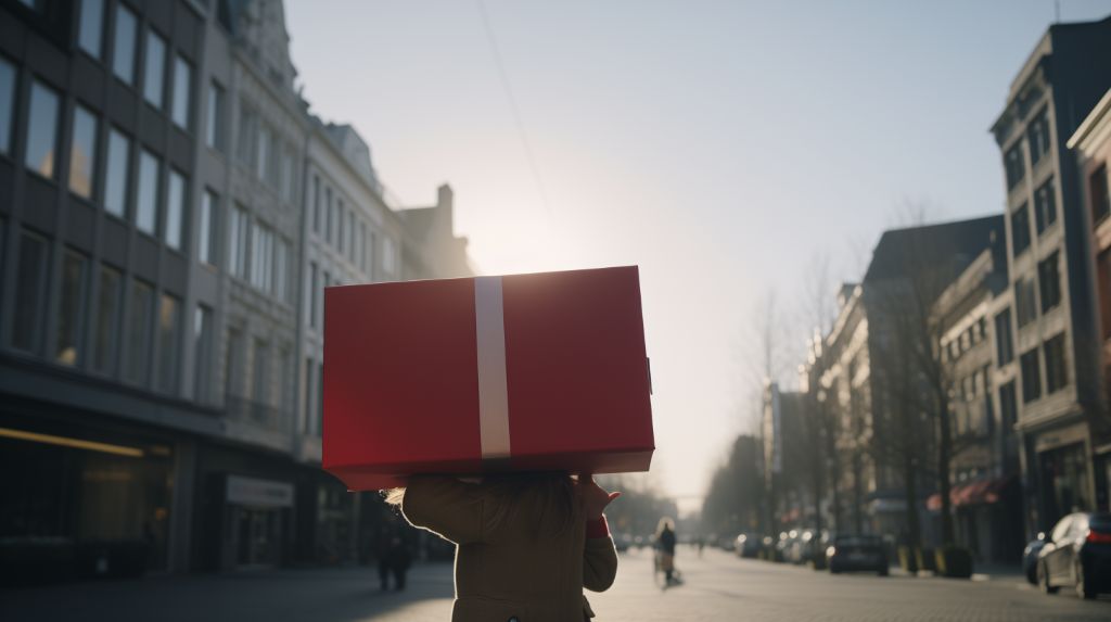 Child holding large winter gift on sunny street