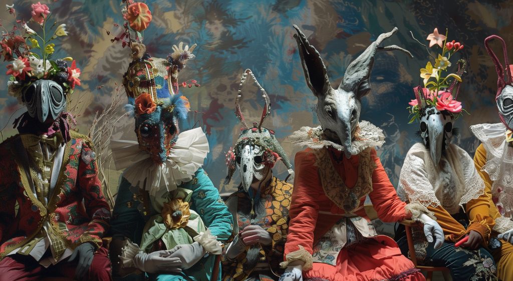 People in elaborate animal masks and historical costumes seated together