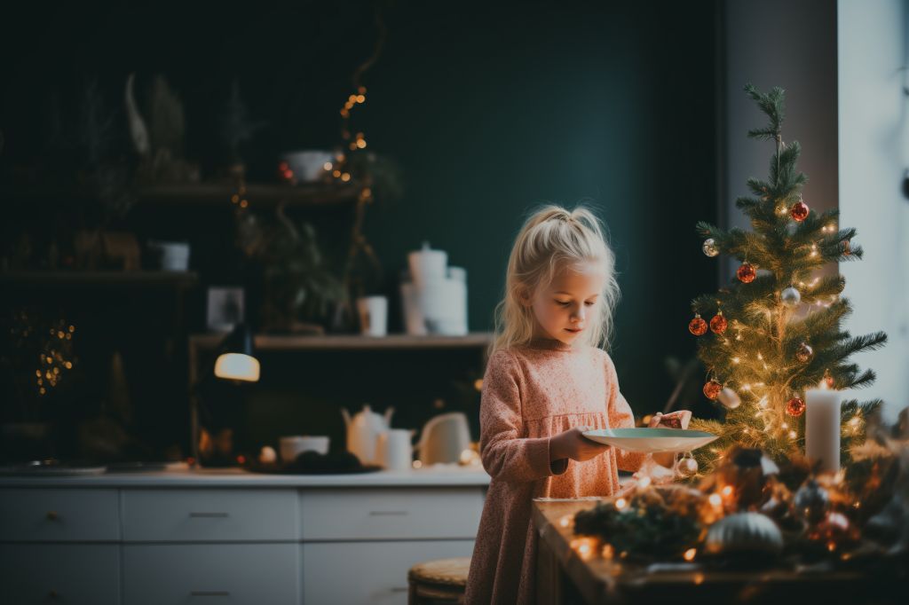 Child playing in the kitchen. Christmas theme