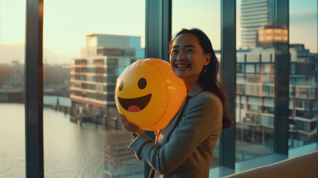 Woman with a smiley balloon by a window during sunset