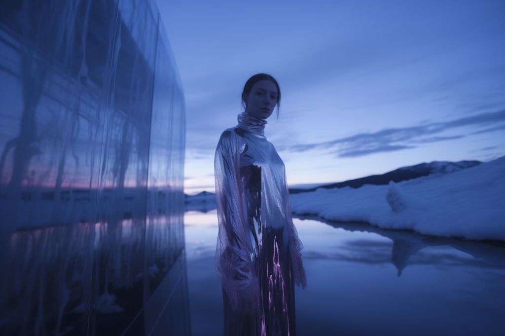 Model in smart-fabric outfit in reflective winter landscape.