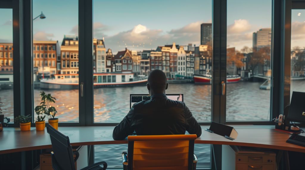 Person working on laptop with scenic view of Amsterdam canal
