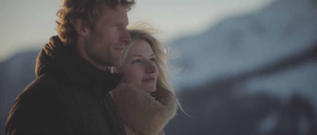 romantic couple embracing in winter wonderland