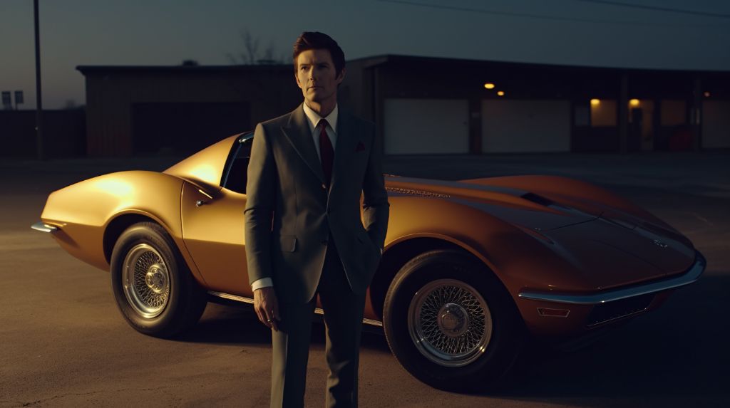 Man in 70s fashion suit standing in front of a vintage car