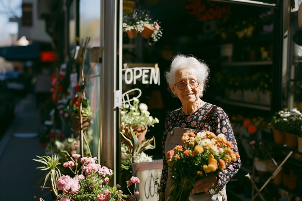 flower shop owner next to "open" sign.