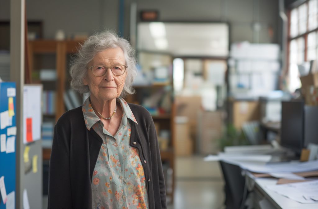Elderly woman standing confidently in an office environment