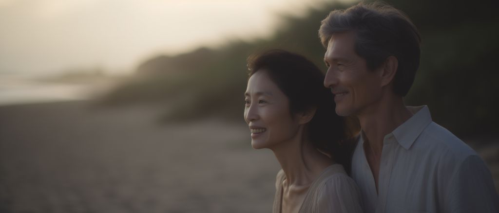 Asian couple walking at tropical beach - travel inspiration