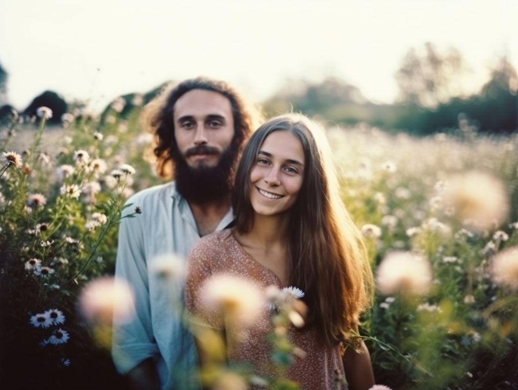 Couple embraced in flower field at golden hour