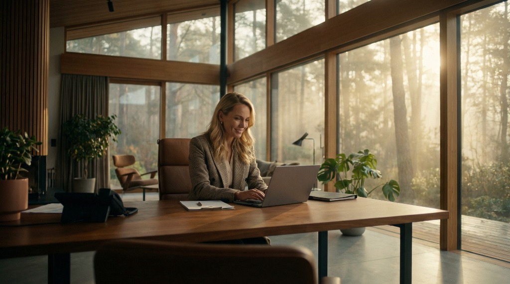 Woman working on a laptop in a sunlit home office.