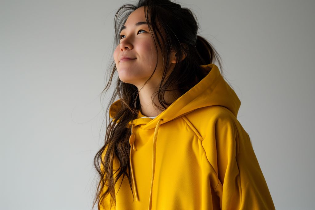 Young woman in a yellow hoodie looking away thoughtfully