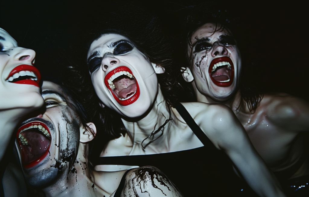 Group of people with dramatic makeup screaming joyfully