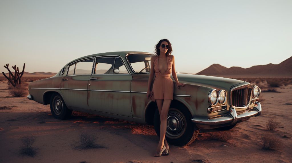 Raw fashion shoot on vintage volvo in desert sunset