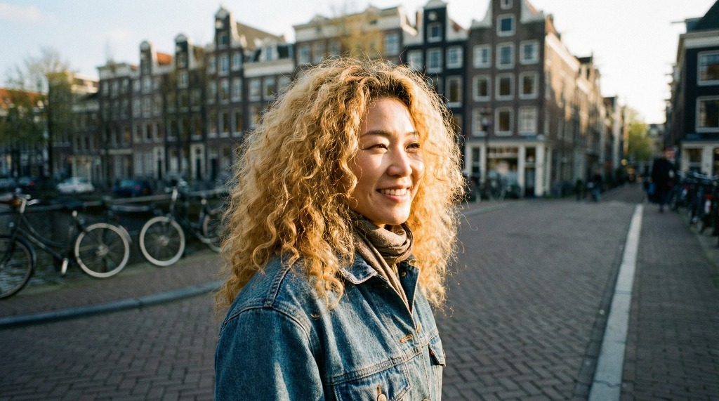 Young woman with curly hair smiling on a sunny street.