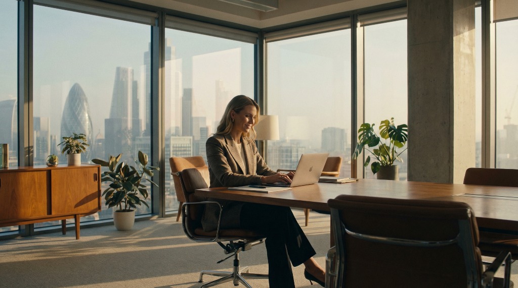 Woman working on a laptop in a modern office with city view.