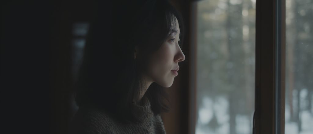 Asian woman standing next to large window overlooking snowy forest