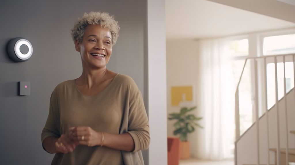 Woman stands by smart thermostat