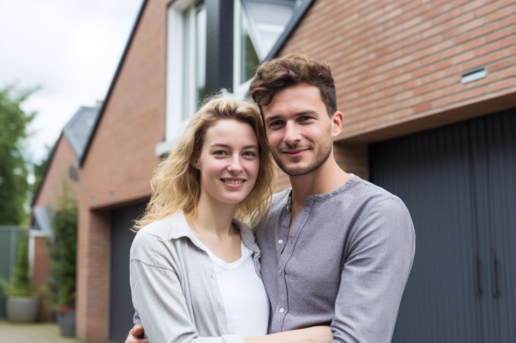 Young couple posing proudly in front of their home