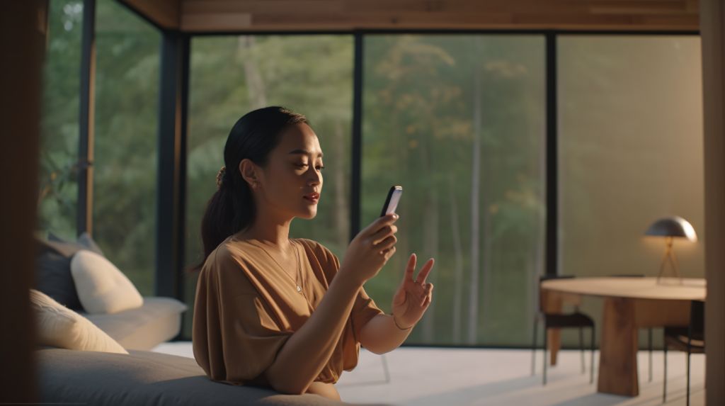 Asian woman chatting on smartphone by large windows