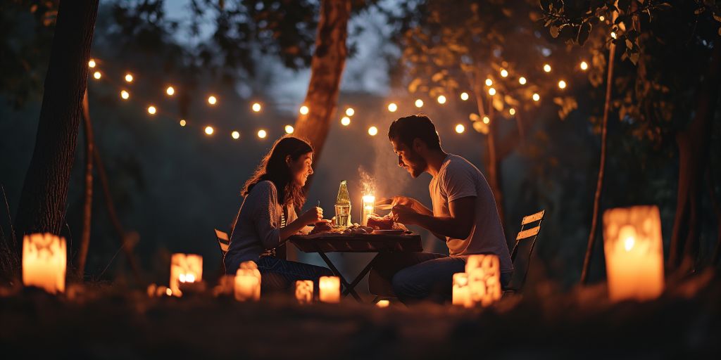 Couple enjoying a romantic candlelit dinner outdoors at twilight