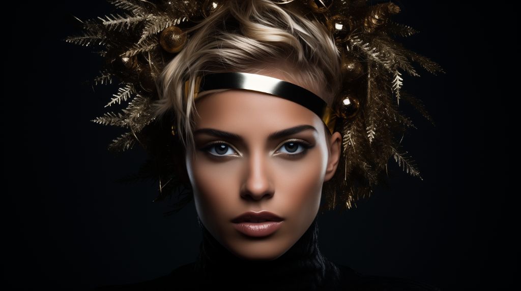 Androgynous model in metallic outfit with christmas wreath headpiece.
