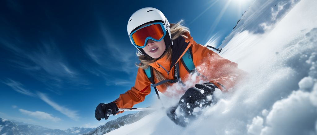 professional woman skier in action, alpine mountains