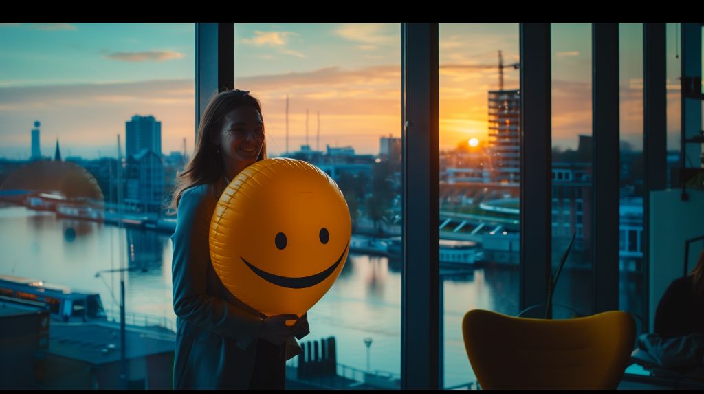 Woman holding a smiley balloon by a window at sunset