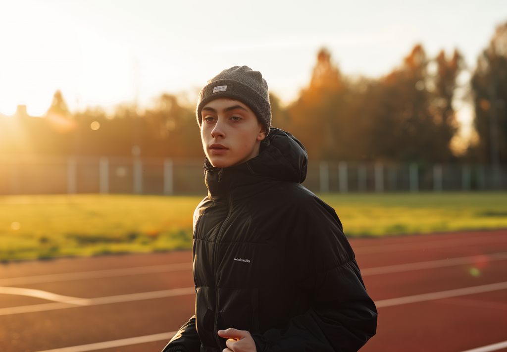 Young man in athletic attire at a track field during sunset
