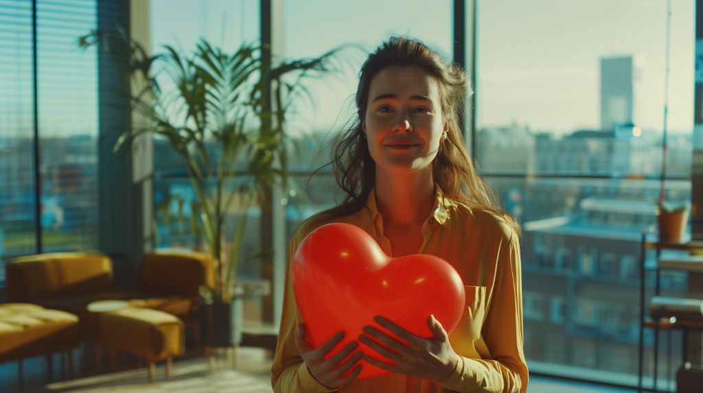 Woman holding a heart-shaped balloon in a sunny room