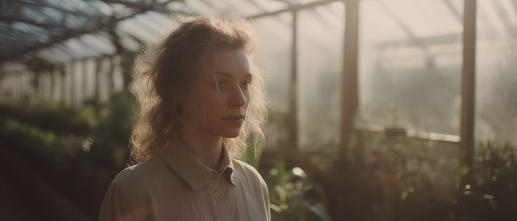 Portrait: cinematic greenhouse woman in 21:9 aspect ratio