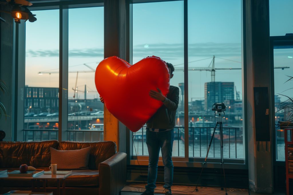 Person holding a large heart-shaped balloon in a room with city view
