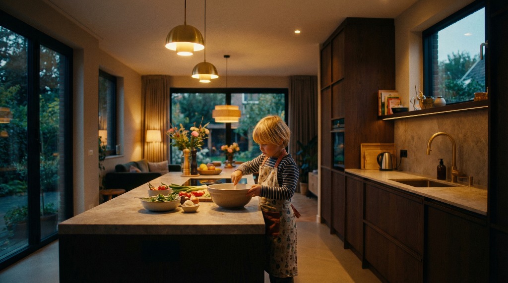 Young child cooking in a modern kitchen with warm lighting.