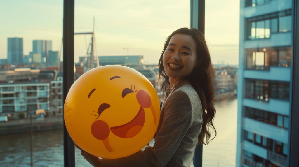 Woman smiling holding a large emoji balloon by a window with city view