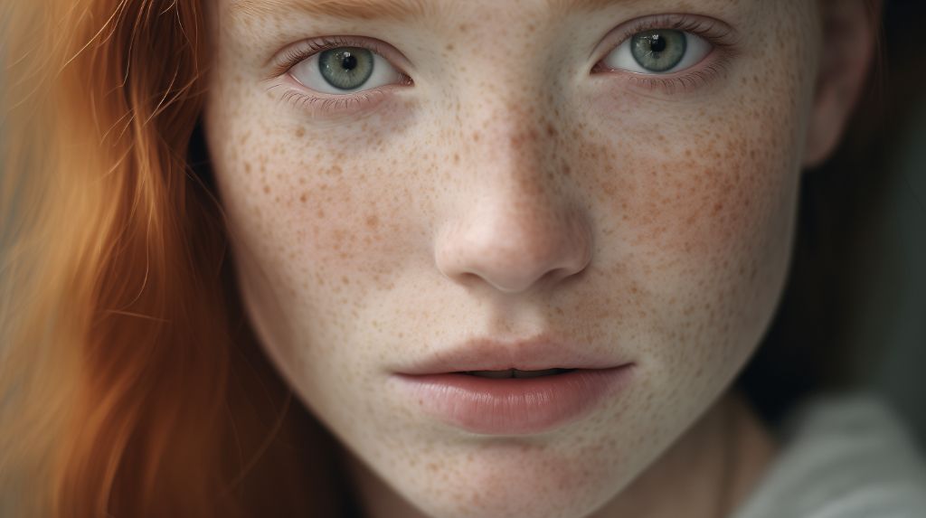 close-up of woman with freckles and pale skin.