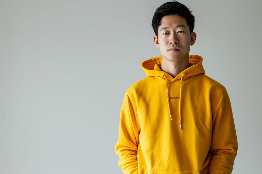 Confident young man in a vibrant yellow hoodie standing against a neutral background