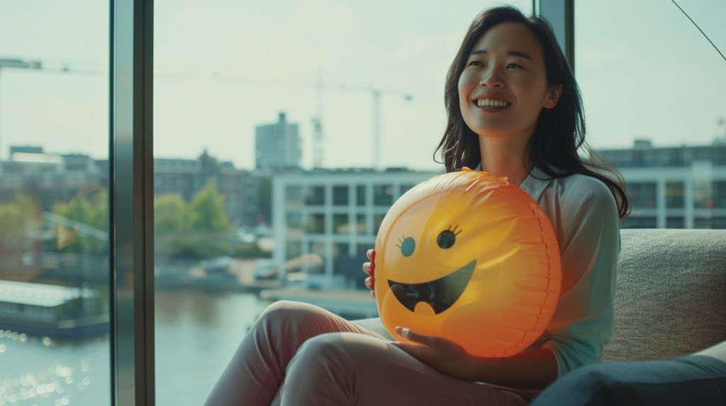 Woman smiling holding a Halloween beach ball by a window