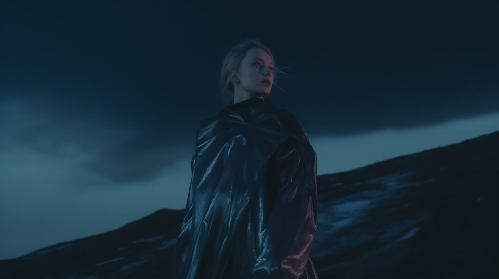 woman in thermal wear, northern lights, futuristic arctic exploration