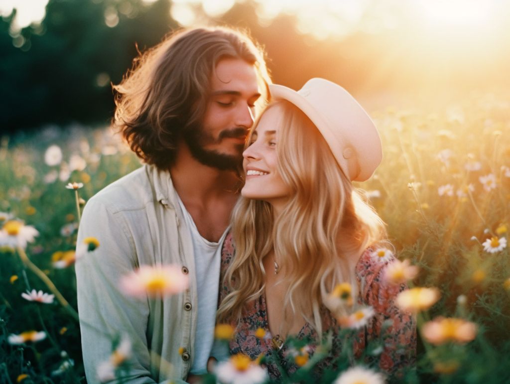 Bohemian couple in flower field at golden hour