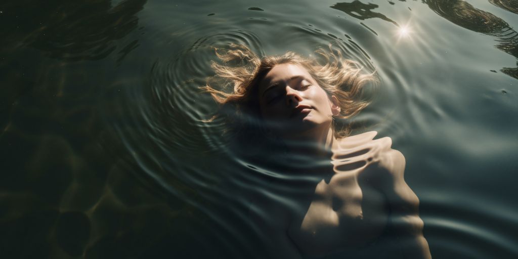 Woman swimming in lake shot from above