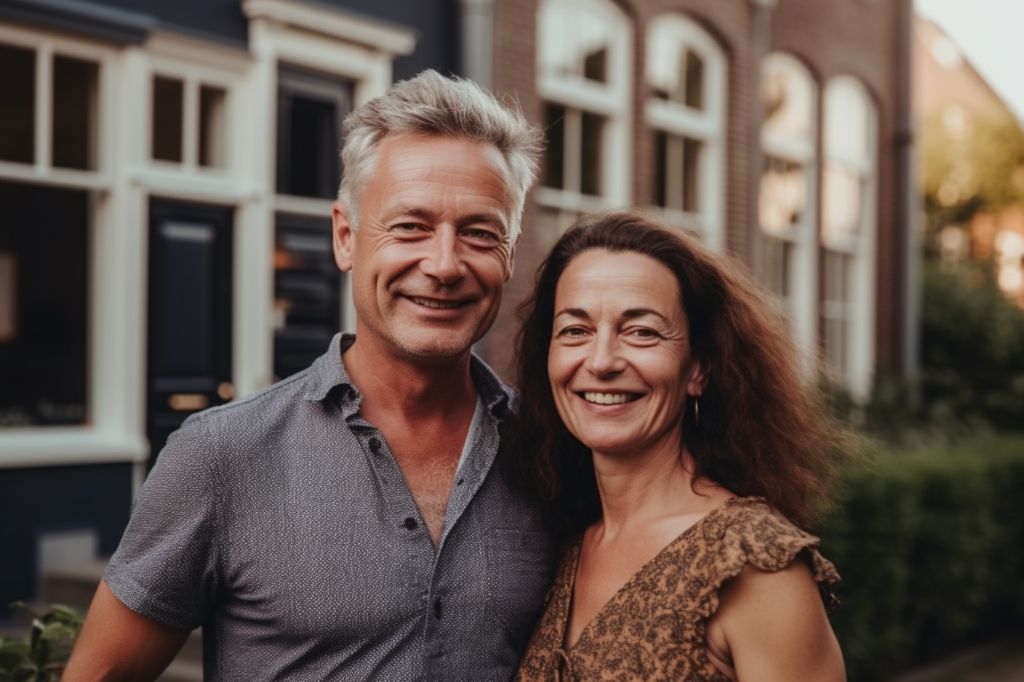 Dutch couple standing in front of a charming old house