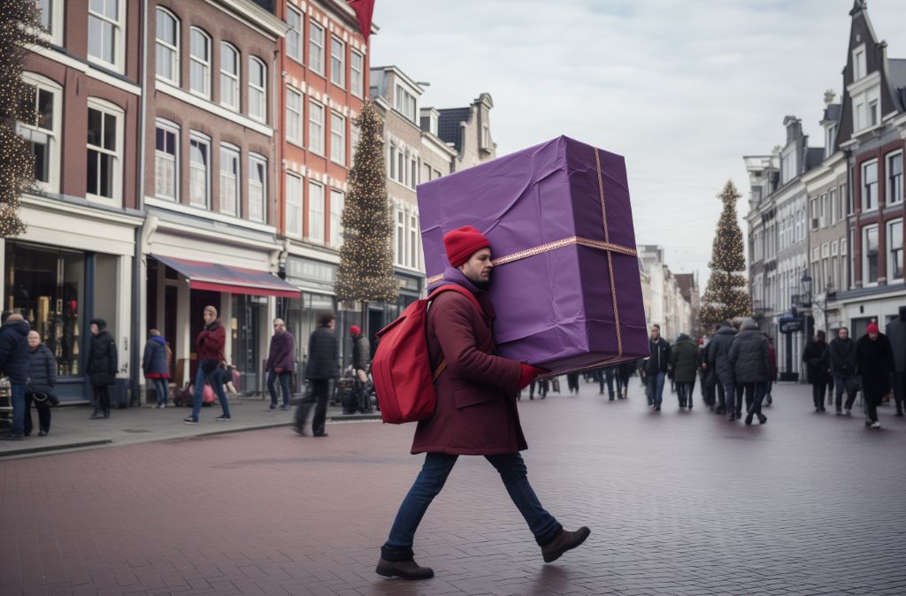 Woman carrying large box on street