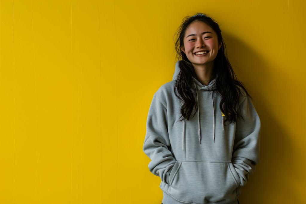 Smiling young woman in a hoodie against a yellow background