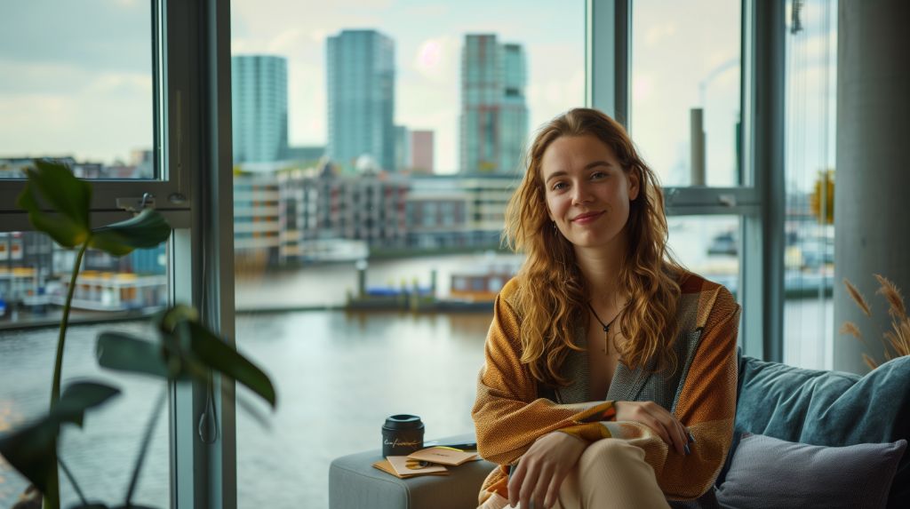 Woman smiling indoors with cityscape through window