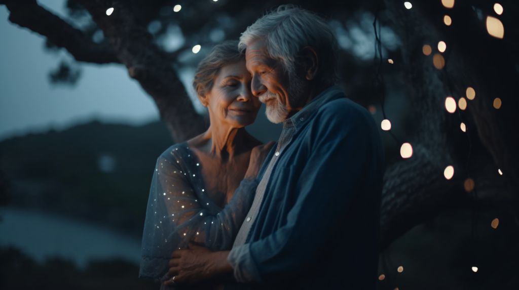 Elderly couple embrace in forest with fireflies