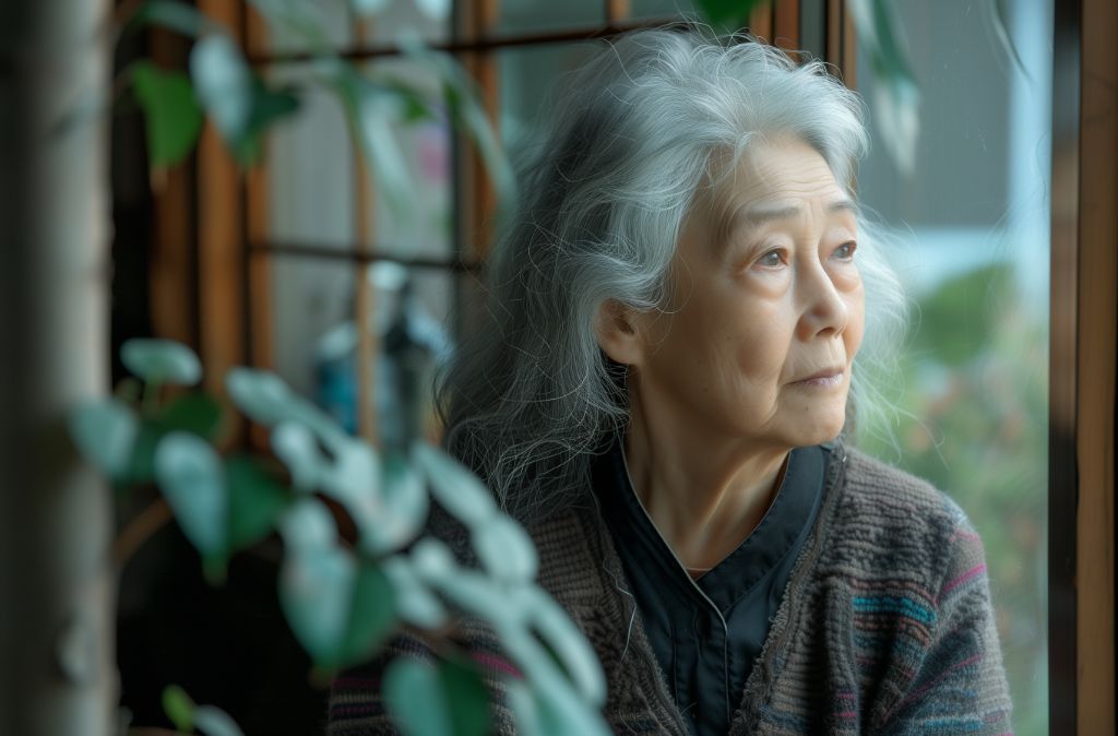 Elderly woman gazing out a window with a contemplative expression