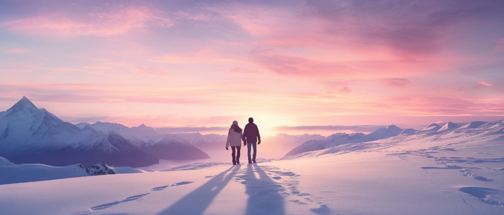 Couple walking in snow-covered forest landscape