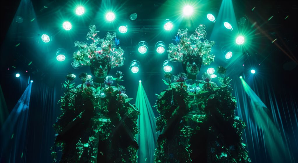 Performers in elaborate tree-like costumes on stage under spotlights