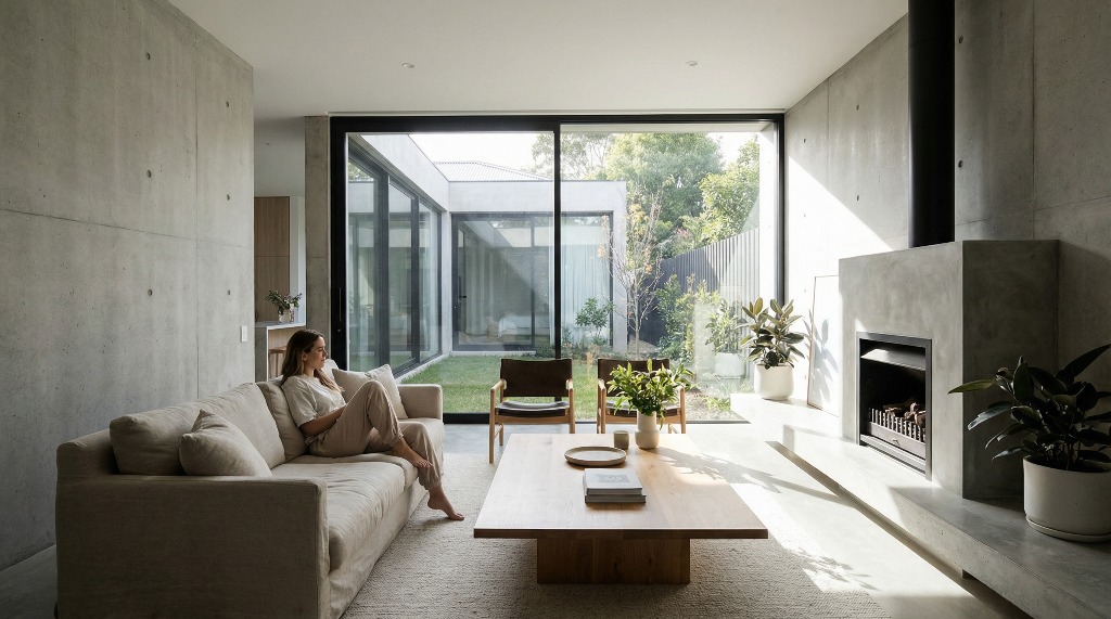 Woman relaxing in a modern living room with large windows.