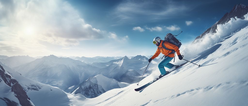 Solo skier on steep slope, dramatic mountain scenery, vast landscape, high-speed, detailed snow texture, morning light contrast, exhilaration.